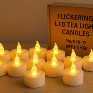 Flickering LED Tea Light Candles Pack of 12 with Timer