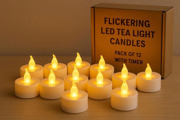 10 Flickering LED Tea Light Candles Pack of 12 with Timer