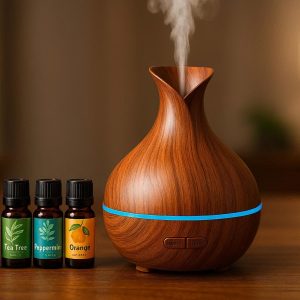 Premium Wood Grain Diffuser with Essential Oils and LED Light